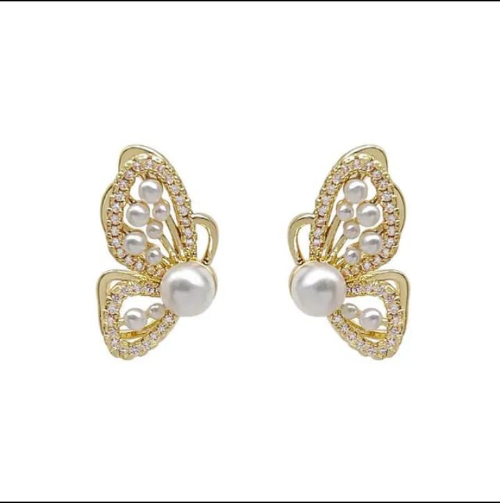 Korean Butterfly Pearl Diamond Stud Earrings