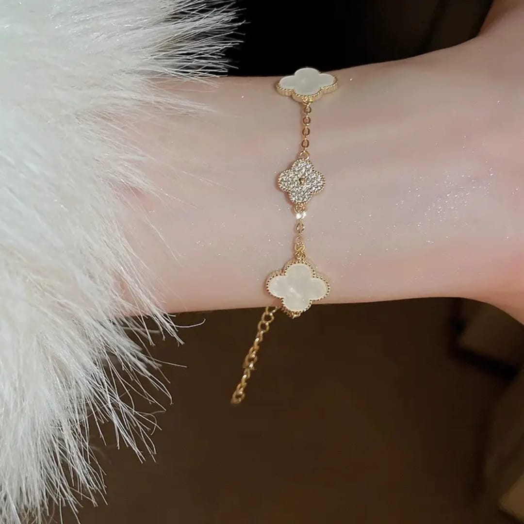 White and Diamond Clover Charm Bracelet