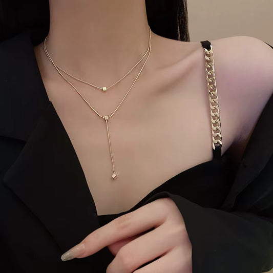 Anti-Tarnish - Square Pendant Multilayer Necklace
