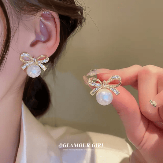 Korean Bow Shaped Pearl Stud Earrings