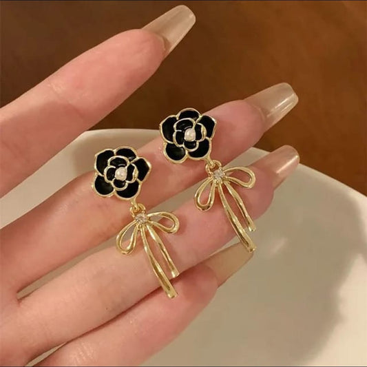 Korean Floral Bow Drop Earrings