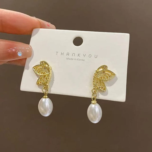 Korean Butterfly Pearl Drops Earrings