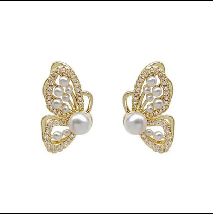 Korean Butterfly Pearl Diamond Stud Earrings