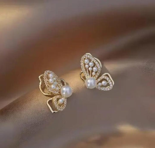 Korean Butterfly Pearl Diamond Stud Earrings